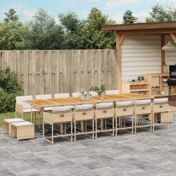 17 Pcs conjunto de jantar p/ jardim c/ almofadões vime PE bege