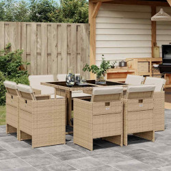 9 Pcs conjunto de jantar p/ jardim com almofadões vime PE bege