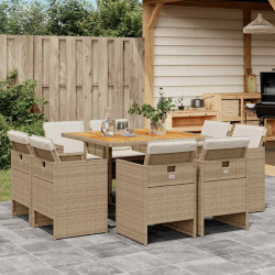 9 Pcs conjunto de jantar p/ jardim com almofadões vime PE bege