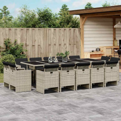 15 Pcs conj. jantar jardim c/ almofadões vime PE cinzento-claro