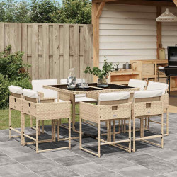 9 Pcs conjunto de jantar p/ jardim com almofadões vime PE bege