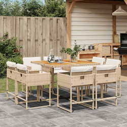 9 Pcs conjunto de jantar p/ jardim com almofadões vime PE bege
