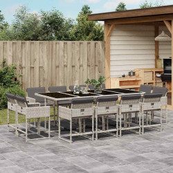 13 Pcs conj. jantar jardim c/ almofadões vime PE cinzento-claro