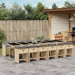 13 Pcs conj. jantar jardim c/ almofadões vime PE bege misturado