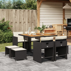 9 Pcs conjunto de jantar p/ jardim c/ almofadões vime PE preto