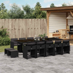 15 Pcs conjunto de jantar p/jardim com almofadões vime PE preto