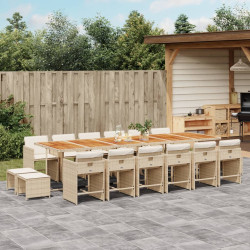 17 Pcs conjunto de jantar p/ jardim c/ almofadões vime PE bege