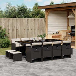 13 Pcs conjunto de jantar p/jardim com almofadões vime PE preto