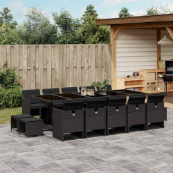 15 Pcs conjunto de jantar p/jardim com almofadões vime PE preto