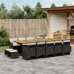 15 Pcs conjunto de jantar p/jardim com almofadões vime PE preto