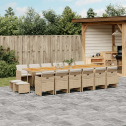 17 Pcs conjunto de jantar p/ jardim c/ almofadões vime PE bege