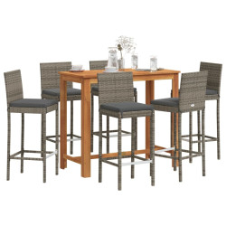 7 Pcs conjunto de bar p/ jardim acácia maciça/vime PE cinzento