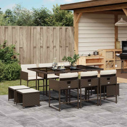 11 Pcs conjunto jantar p/ jardim c/ almofadões vime PE castanho