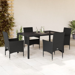 5 Pcs conjunto jantar jardim c/ almofadões vime PE/vidro preto