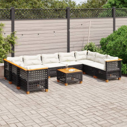 10 Pcs conjunto sofás de jardim c/ almofadões vime PE preto