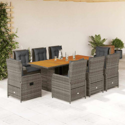 9 Pcs conjunto de jantar p/ jardim c/ almofadões vime PE cinza