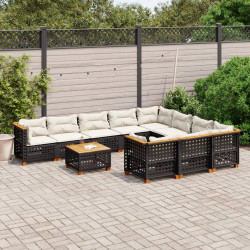 11 Pcs conjunto sofás de jardim c/ almofadões vime PE preto
