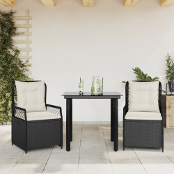 3 Pcs conjunto de jantar p/ jardim c/ almofadões vime PE preto