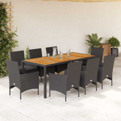 9 Pcs conjunto jantar jardim c/ almofadões vime PE/acácia preto