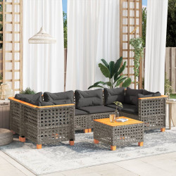 7 Pcs conjunto sofás p/ jardim c/ almofadões vime PE cinzento