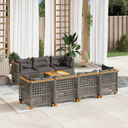 8 Pcs conjunto sofás de jardim c/ almofadões vime PE cinzento