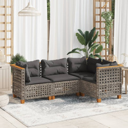 4 Pcs conjunto sofás de jardim c/ almofadões vime PE cinzento