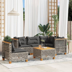 6 Pcs conjunto sofás de jardim com almofadões vime cinzento