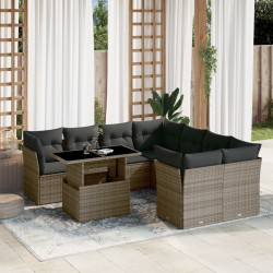 9 Pcs conjunto sofás p/ jardim com almofadões vime PE cinzento