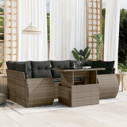 7 Pcs conjunto sofás p/ jardim c/ almofadões vime PE cinzento