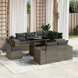 9 Pcs conjunto sofás p/ jardim com almofadões vime PE cinzento