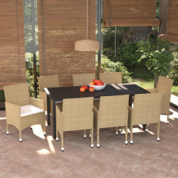 9 Pcs conjunto jantar p/ jardim c/ almofadões vime PE bege