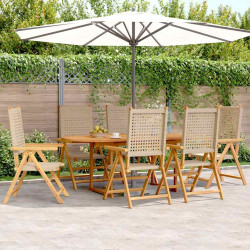 7Pcs conjunto de jantar p/ jardim vime PE/ madeira maciça bege