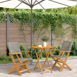3 Pcs conjunto de bistrô vime PE e madeira maciça cinzento