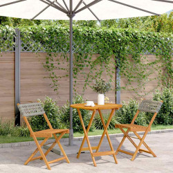 3 Pcs conjunto de bistrô vime PE e madeira maciça cinzento