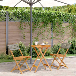 3 Pcs conjunto de bistrô vime PE e madeira maciça cinzento