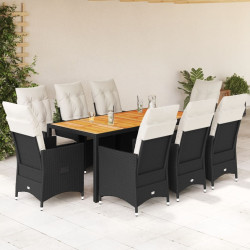 9 Pcs conjunto de jantar p/ jardim c/ almofadões vime PE preto