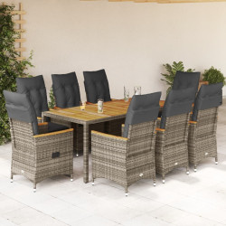 9 Pcs conjunto de jantar p/ jardim c/ almofadões vime PE cinza