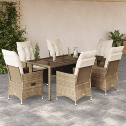 7 Pcs conjunto de jantar p/ jardim com almofadões vime PE bege