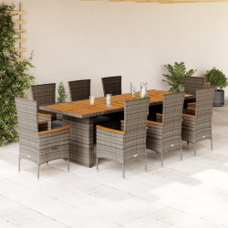 9 Pcs conjunto de jantar p/ jardim c/ almofadões vime PE cinza