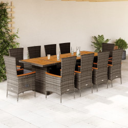 11 Pcs conjunto jantar p/ jardim c/ almofadões vime PE cinzento