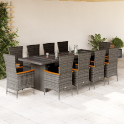 11 Pcs conjunto jantar p/ jardim c/ almofadões vime PE cinzento