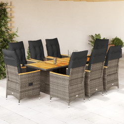 9 Pcs conjunto de jantar p/ jardim c/ almofadões vime PE cinza