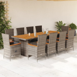 11 Pcs conjunto jantar p/ jardim c/ almofadões vime PE cinzento
