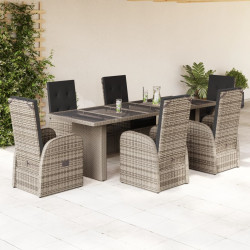 7 Pcs conjunto de jantar p/ jardim c/ almofadões vime PE cinza