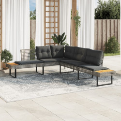 Sofá de jardim em forma de l c/ almofadões vime PE/acácia cinza