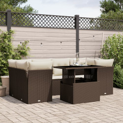 7 Pcs conjunto de sofás jardim c/ almofadões vime PE castanho