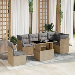 7 Pcs conjunto de sofás p/ jardim com almofadões vime PE bege