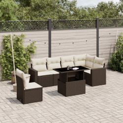 7 Pcs conjunto de sofás jardim c/ almofadões vime PE castanho