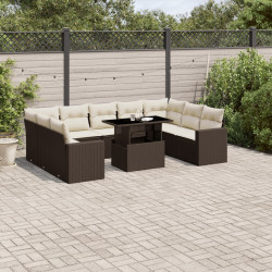 10 Pcs conj. sofás jardim com almofadões vime PE castanho