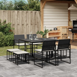 9 Pcs conjunto de jantar p/ jardim c/ almofadões vime PE preto